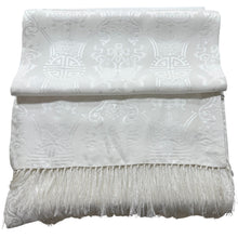 Load image into Gallery viewer, Vintage 100% Silk White Asian Jacquard Fringe Shawl Scarf 67” x 13.5” Longevity &amp; Fish
