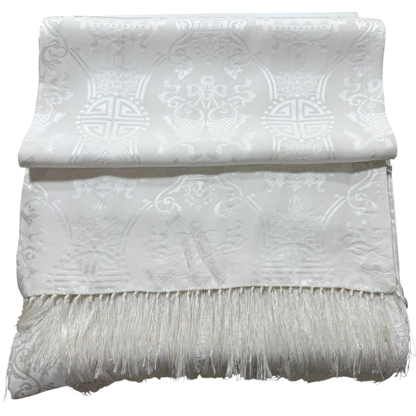 Vintage 100% Silk White Asian Jacquard Fringe Shawl Scarf 67” x 13.5” Longevity & Fish