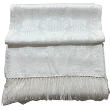 Load image into Gallery viewer, Vintage 100% Silk White Asian Jacquard Fringe Shawl Scarf 67” x 13.5” Longevity &amp; Fish
