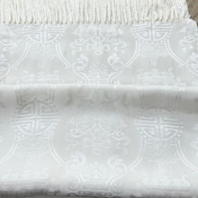 Load image into Gallery viewer, Vintage 100% Silk White Asian Jacquard Fringe Shawl Scarf 67” x 13.5” Longevity &amp; Fish
