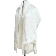 Load image into Gallery viewer, Vintage 100% Silk White Asian Jacquard Fringe Shawl Scarf 67” x 13.5” Longevity &amp; Fish
