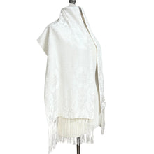Load image into Gallery viewer, Vintage 100% Silk White Asian Jacquard Fringe Shawl Scarf 67” x 13.5” Longevity &amp; Fish
