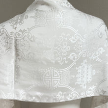 Load image into Gallery viewer, Vintage 100% Silk White Asian Jacquard Fringe Shawl Scarf 67” x 13.5” Longevity &amp; Fish
