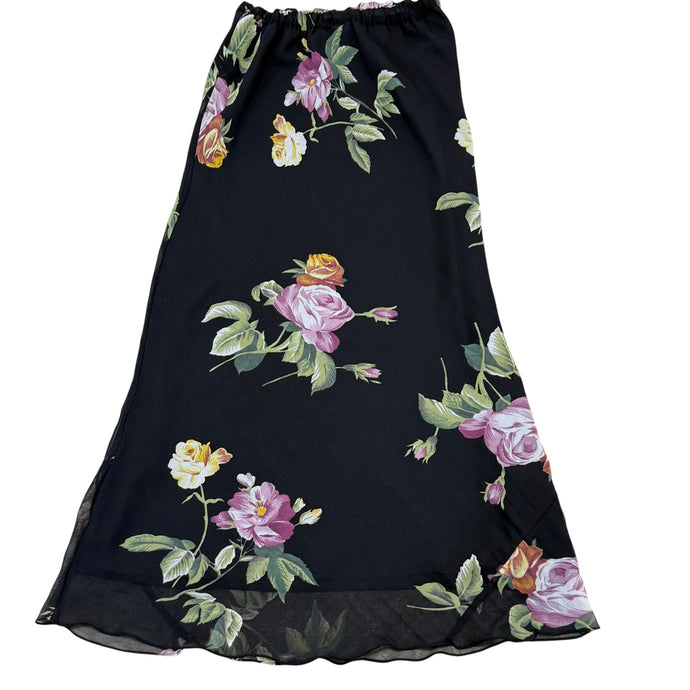 90s Black Floral Pull on Maxi Skirt Size Small