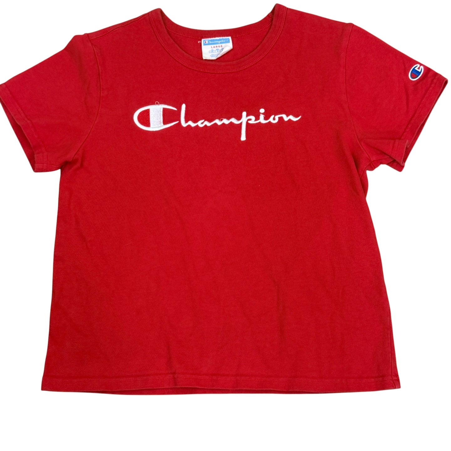 Y2K Red Champion Embroidered Tee Shirt Size Large