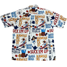 Load image into Gallery viewer, Go Barefoot Pidgin English White Aloha Shirt Size Medium
