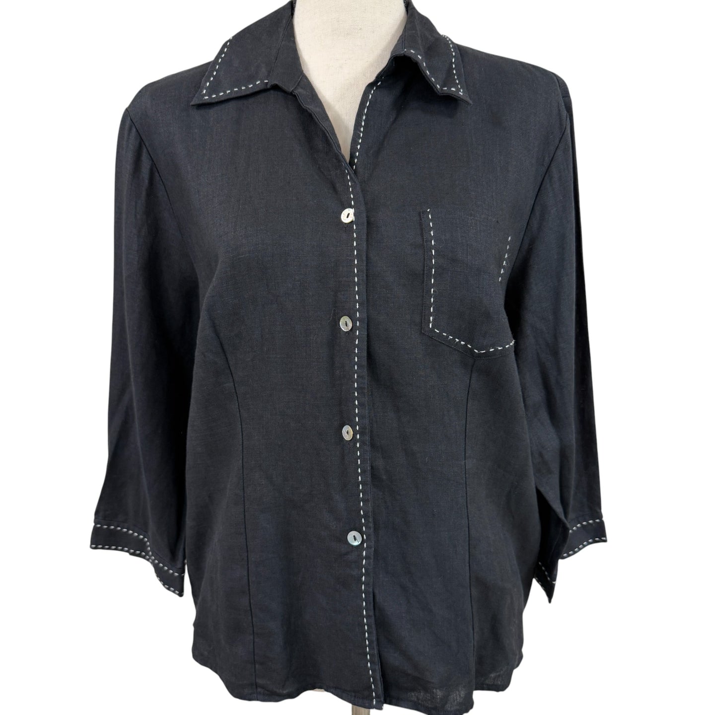 Black Linen Contrast Stitch Button up Shirt Large