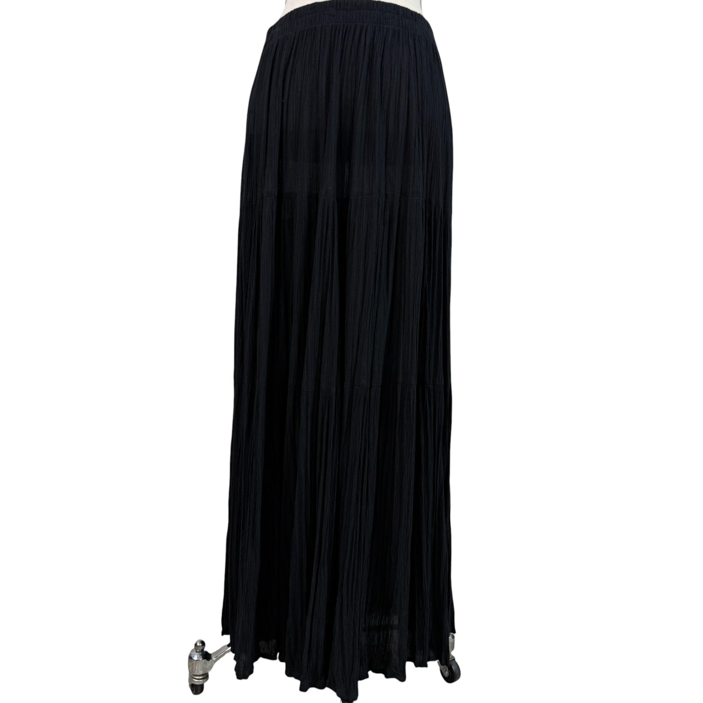 90s Long Black Rayon Crinkle Broomstick Skirt Size Medium