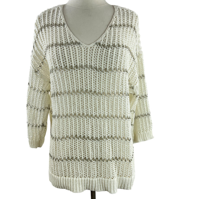 Chico's Open Knit V-Neck Sweater 3/4 Sleeve Size Large