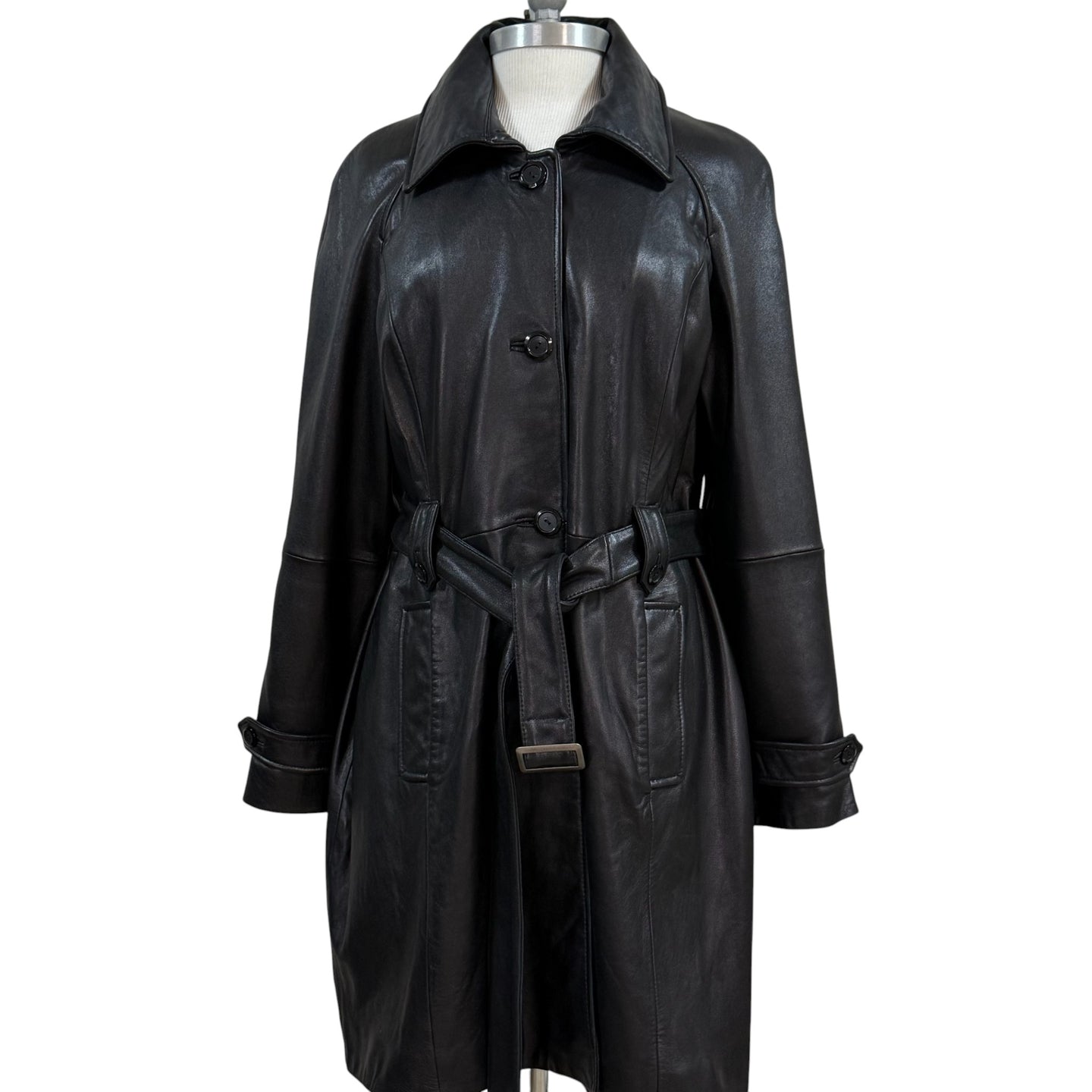 Genuine Lambskin Leather Trench Coat Belted Black Jacket L