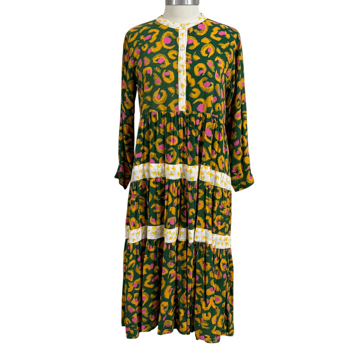 Briton Court Boho Dress Abstract Floral Print Tiered Midi 100 Rayon Large
