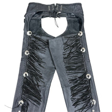 Load image into Gallery viewer, Jamin Leather Black Leather Fringe Motorcycle Chaps Silver Conchos Size XL
