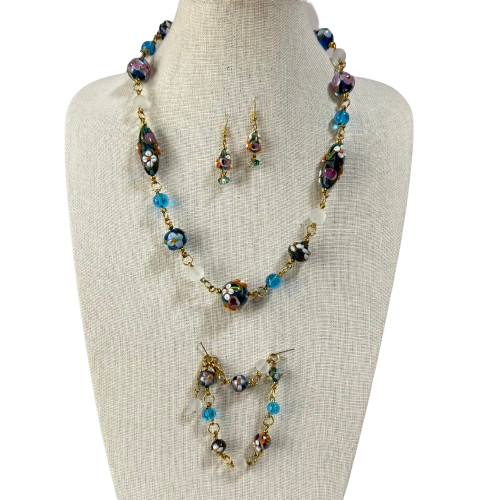 Vintage 1990s Murano Lampwork Glass Demi Parure Necklace Set Made in Italy