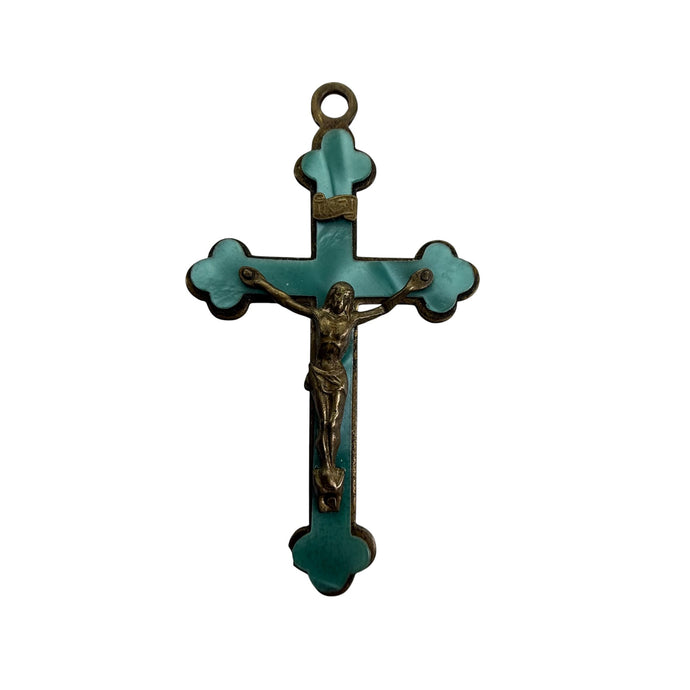 1940s Blue Enamel Brass Crucifix Cross Pendant