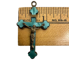 Load image into Gallery viewer, 1940s Blue Enamel Brass Crucifix Cross Pendant
