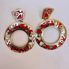 Load image into Gallery viewer, Edgar Berebi Red Enamel Gold Tone Modernist Hoop Drop Earrings
