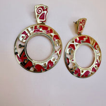 Load image into Gallery viewer, Edgar Berebi Red Enamel Gold Tone Modernist Hoop Drop Earrings
