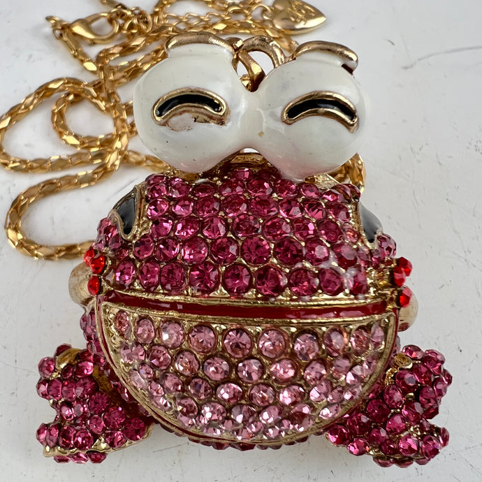 Betsey Johnson Sparkly Pink Rhinestone Frog Pendant Necklace 30