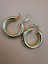 Load image into Gallery viewer, 80s Gold Tone Diamond Cut Thick Tube Hoop Earrings Chevron Etched
