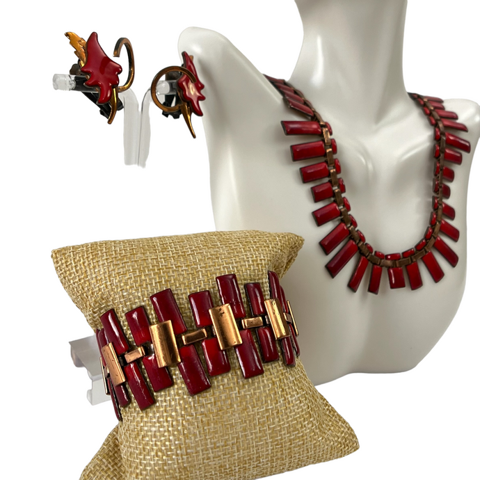 Mid Century Red Enamel & Copper Jewelry Set