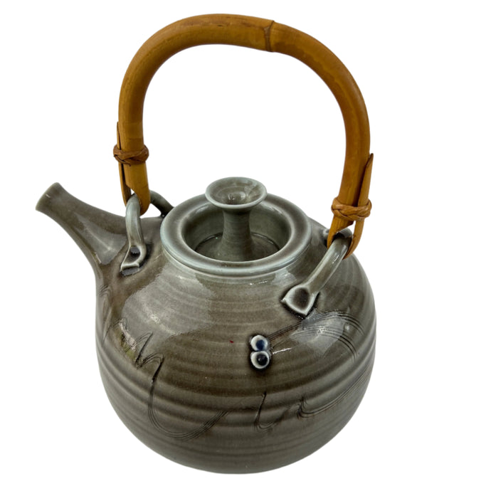 Vintage Funnel Lid Studio Art Pottery Tea Pot with Bamboo Handle Glossy Gray