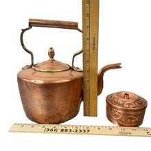 Load image into Gallery viewer, Antique Copper Tea Kettle on Wrought Iron Stand
