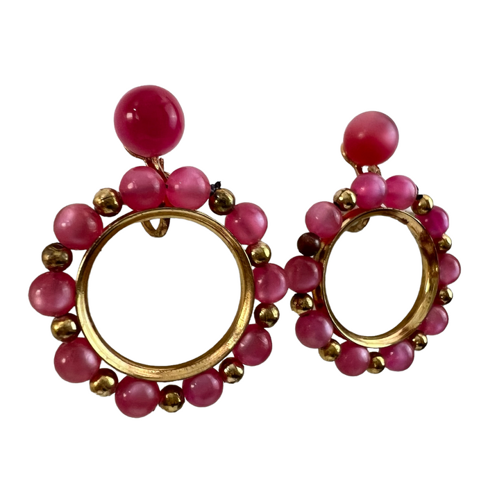 Vintage Gold & Pink Hoop Screwback Earrings