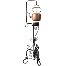 Load image into Gallery viewer, Antique Copper Tea Kettle on Wrought Iron Stand
