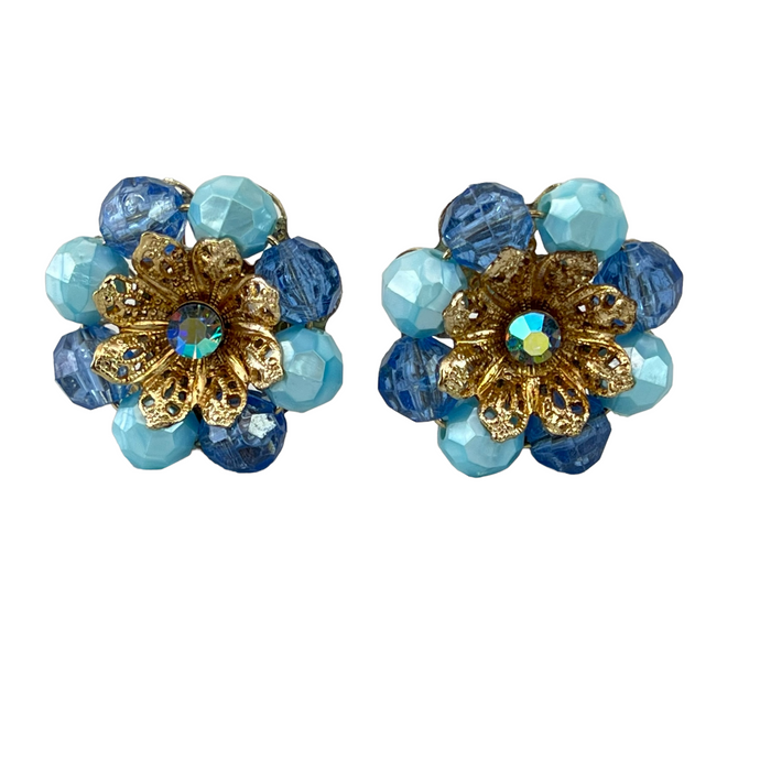 Mid Century Blue Bead Cluster Clip on Earrings