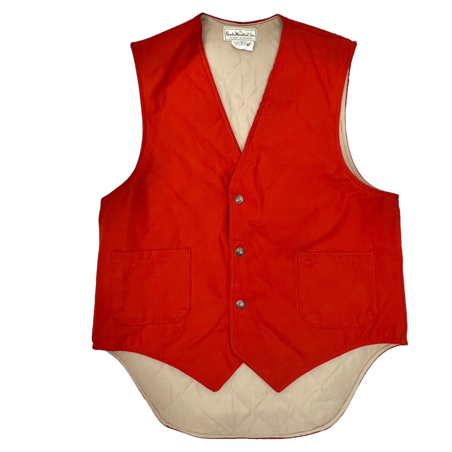 Outdoormans Clothing by Gander Mountain Inc Duck hunting style vest - Size Medium  Orange Vest with 3 snap button closure and 2 front hip pockets. Asymmetrical hem is   longer on the backside. Vibrant orange color. 