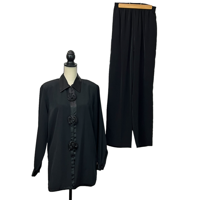 Christine and Jill Silky Black two-piece Pants & Blouse Set Size Large
