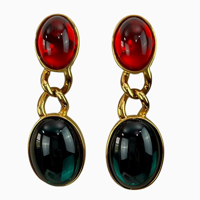 Vintage Kenneth Jay Lane Gold Cabochon Clip on Dangle Earrings