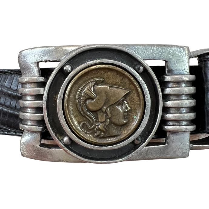 Ben Amun Roman Coin Croc Embossed Black Leather Belt Size Large