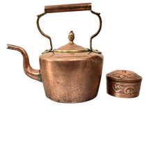 Load image into Gallery viewer, Antique Copper Tea Kettle on Wrought Iron Stand

