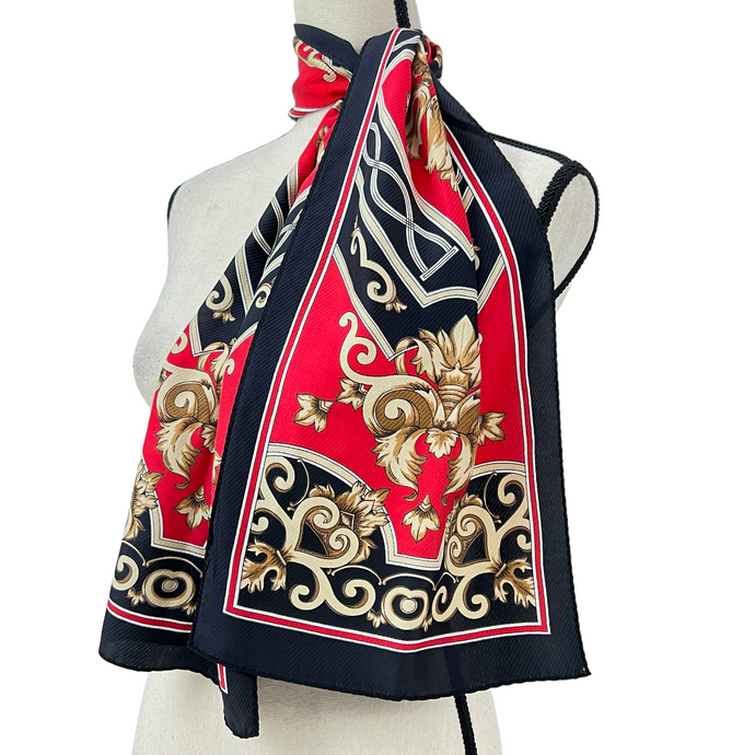 Vintage Baroque Rectangle 100% Silk Scarf Red black & Gold 52