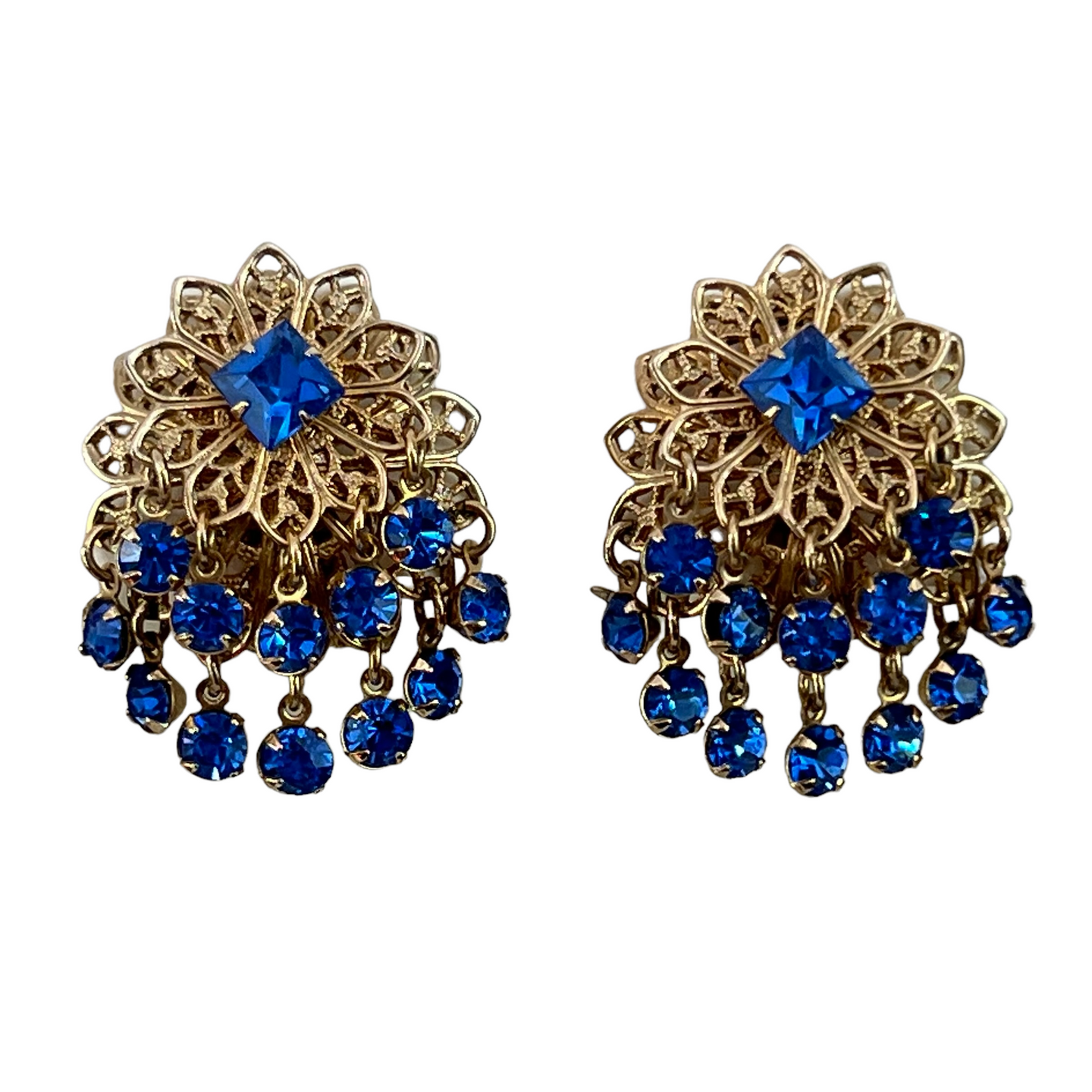 Mid Century Blue Crystal Gold Filigree Clip on Earrings