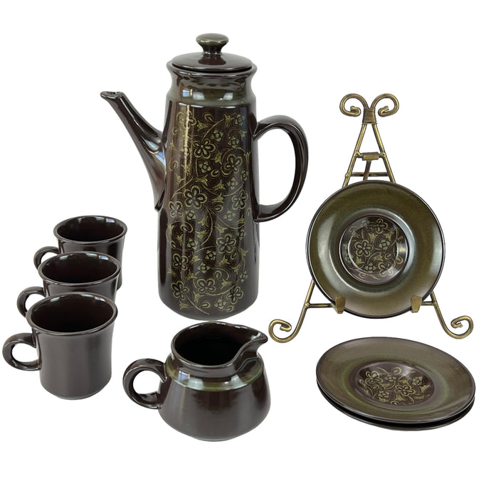 60s Madeira Brown and Green Floral Carafe Pitcher Coffee Serving Set