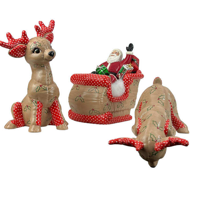 Kimple Christmas Hand-Painted Santa Clause in Sleigh and Reindeer Set