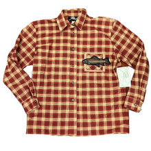 Load image into Gallery viewer, Vintage Red Plaid Button Up Shirt with Trout on Pocket 100% Cotton Size 10

