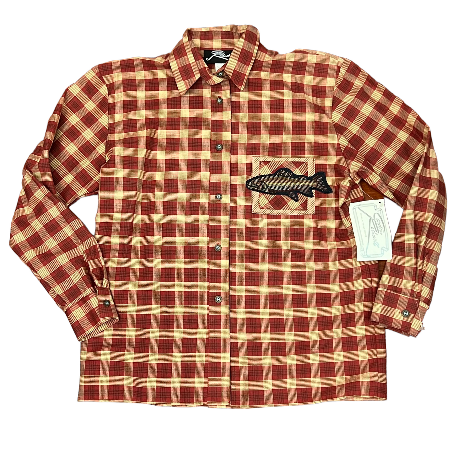 Vintage Red Plaid Button Up Shirt with Trout on Pocket 100% Cotton Size 10