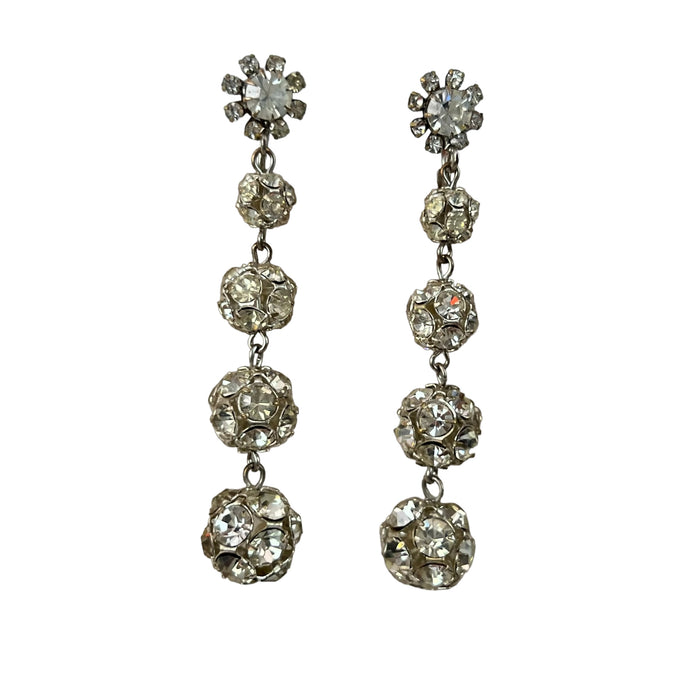 Vintage Rhinestone Clip on Dangle Ball Earrings