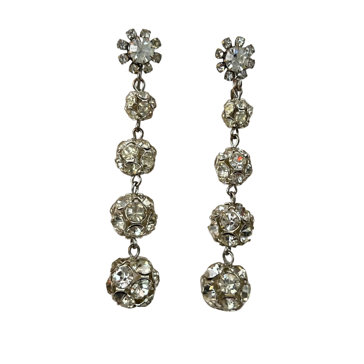 Vintage Rhinestone Clip on Dangle Ball Earrings